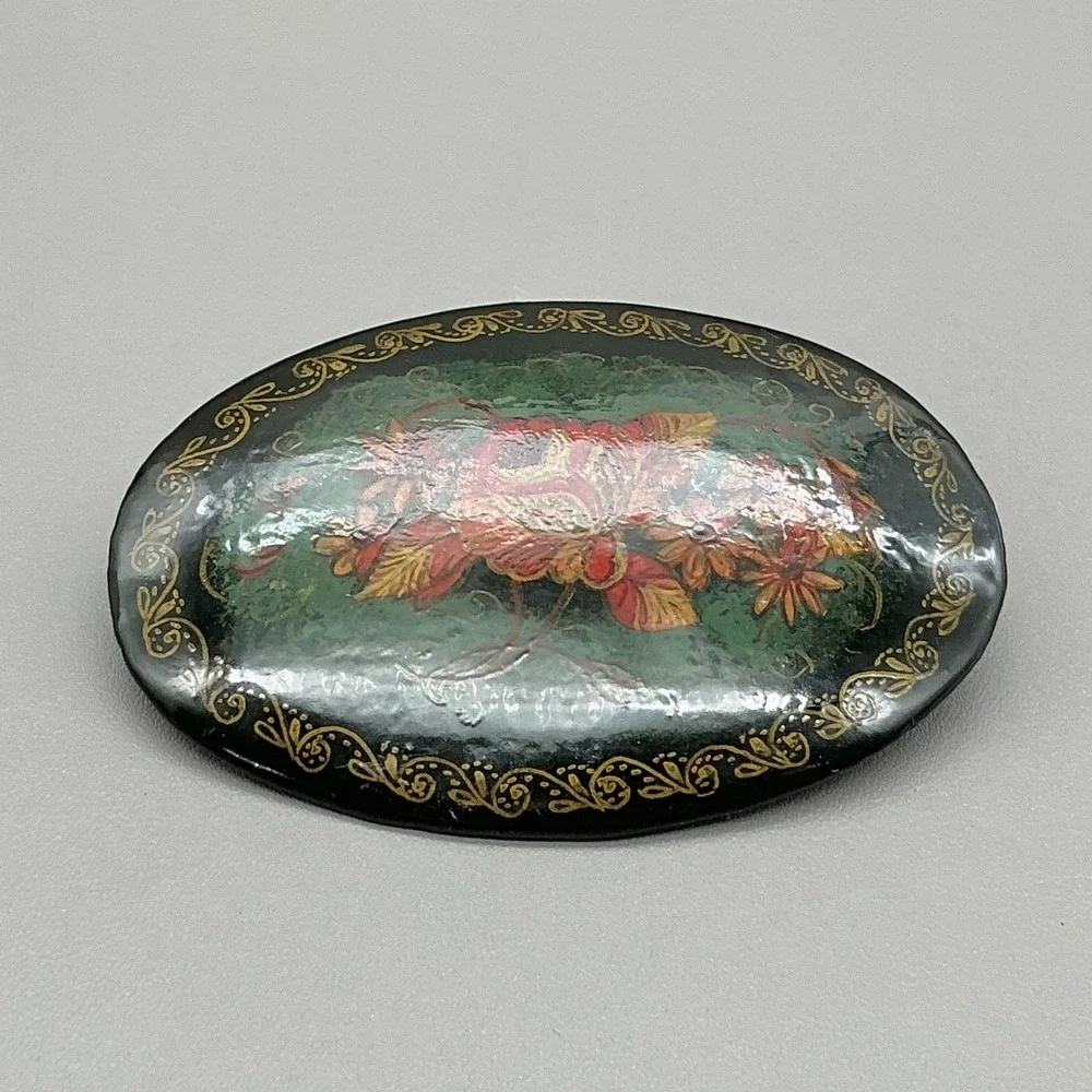 Vintage Russian Brooch Green Floral Pin Hand Painted Lacquer Artist Signed 2